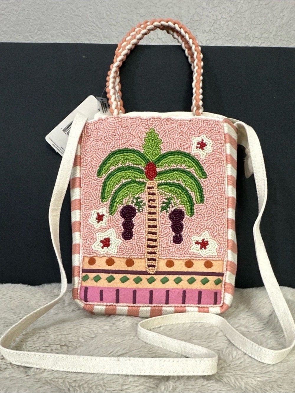 Beaded Palm Tree Crossbody Bag - Pink - Picture 1 of 8
